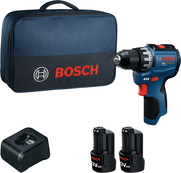 Bosch GSR12V-30 boremaskinesæt med kuffert, oplader og batterier.